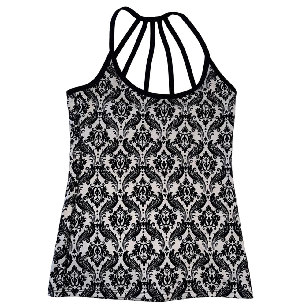 Soybu Women's Tank Top X-Small Shelf Bra Black White Strap Detail Damask Pattern